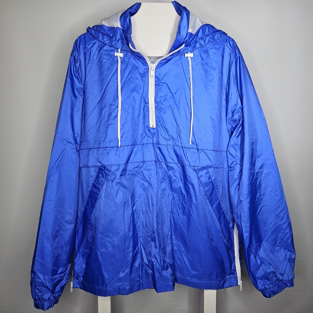Forever 21 Mens Jacket Large Windbreaker Blue Pullover Hoodie Half Zip